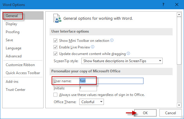 office 365 word for mac change author name